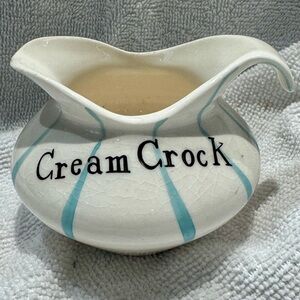 Pixieware Cream Crock Ceramic Pitcher with Blue Stripes